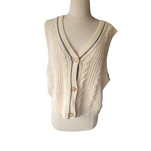 American Eagle Preppy Academia Sweater Vest Womens XL Cream Cable Knit Fisherman